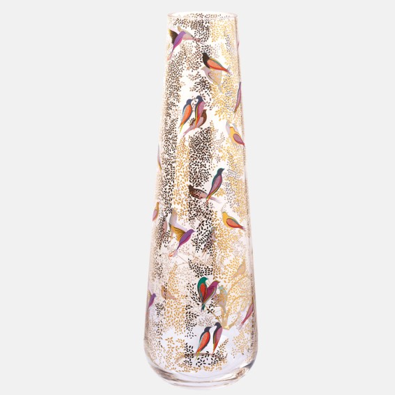 Tall Gold Leaves & Birds Glass Vase